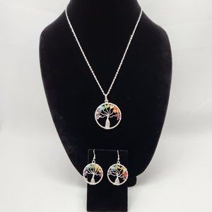 Tree Of Life Genuine Gemstones Pendant Necklace And Earrings #577